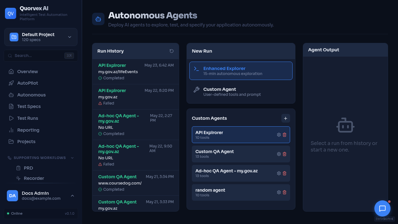 Agents dashboard showing standalone run status and operational controls