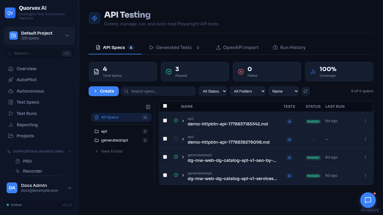 API testing dashboard showing API workflow entry points