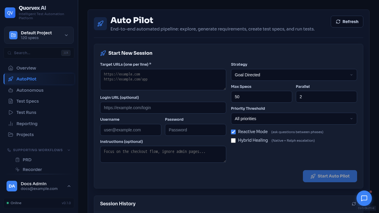 AutoPilot dashboard showing autonomous test generation workflow