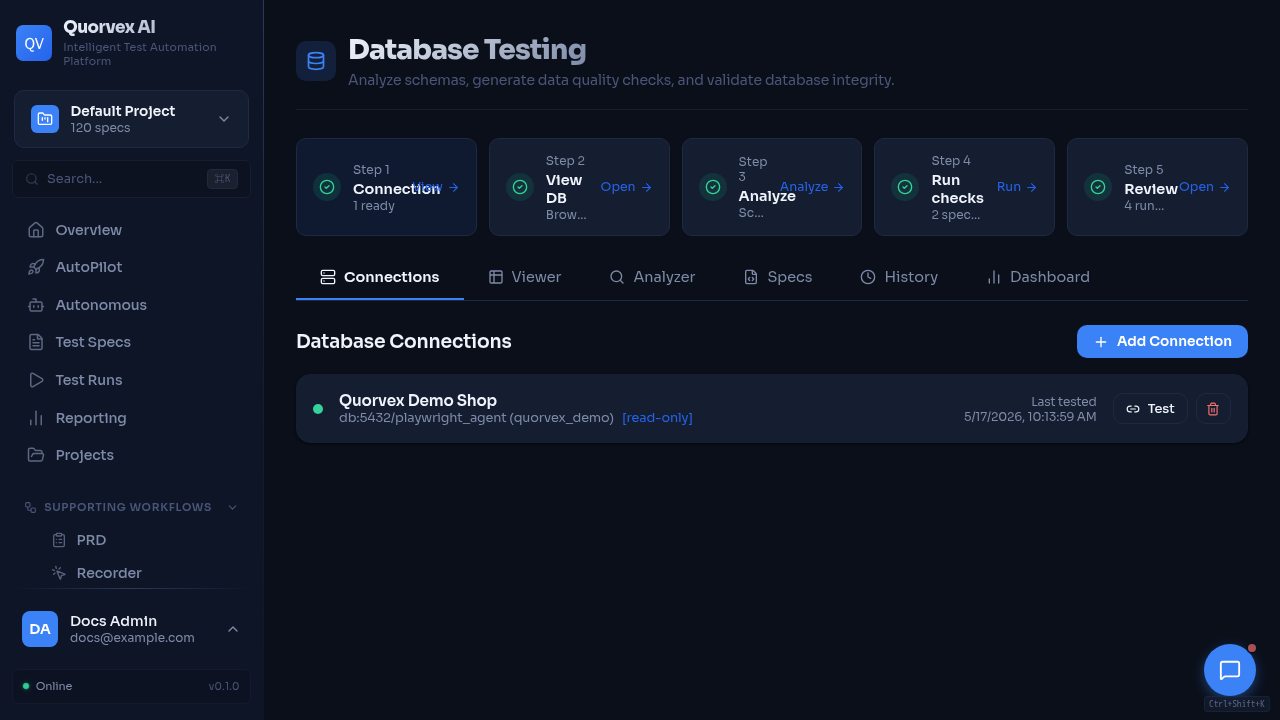Database testing dashboard with connections, schema analysis, and checks