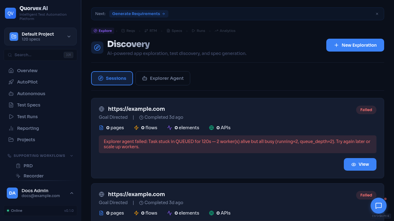 Discovery dashboard showing explored flows and generated requirements