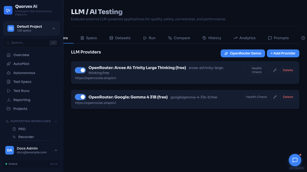 LLM evaluation dashboard with providers, datasets, and comparison results