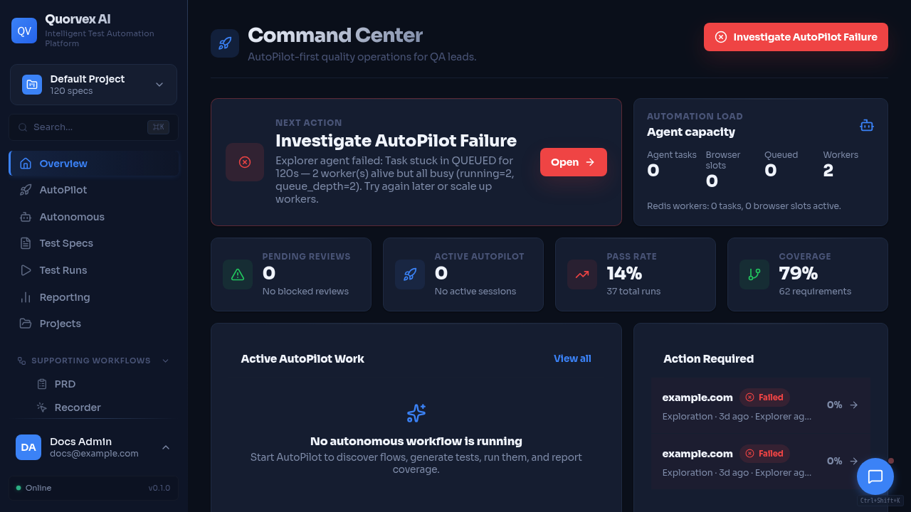 Quorvex login screen for authenticated dashboard deployments