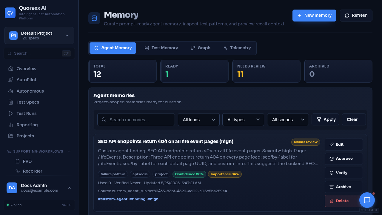 Memory dashboard showing system context and coverage signals