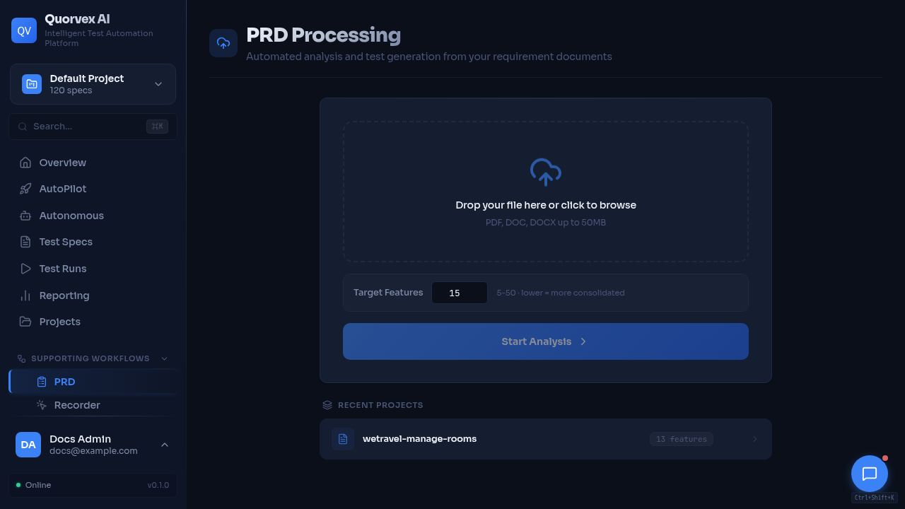 PRD workspace for extracting features and generating tests