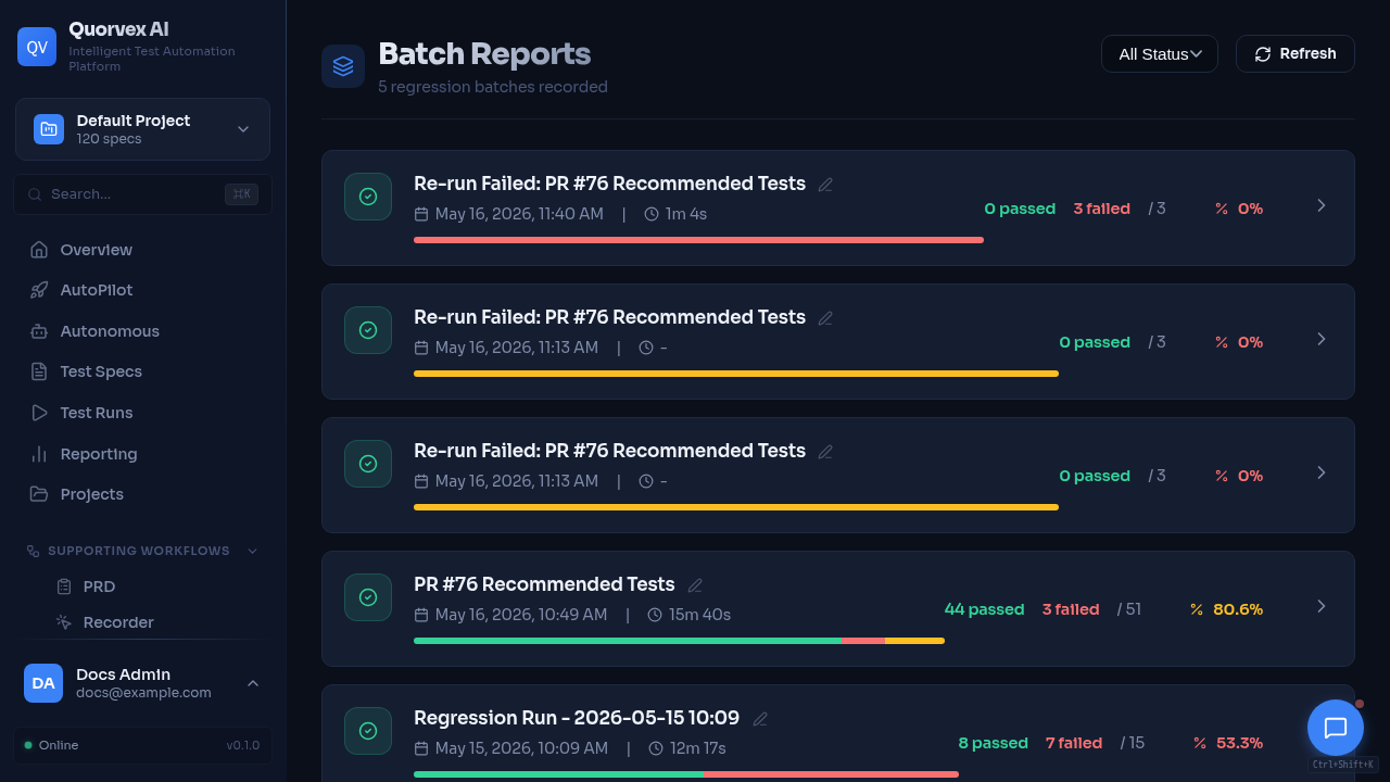 Regression batch reports list in the Quorvex dashboard
