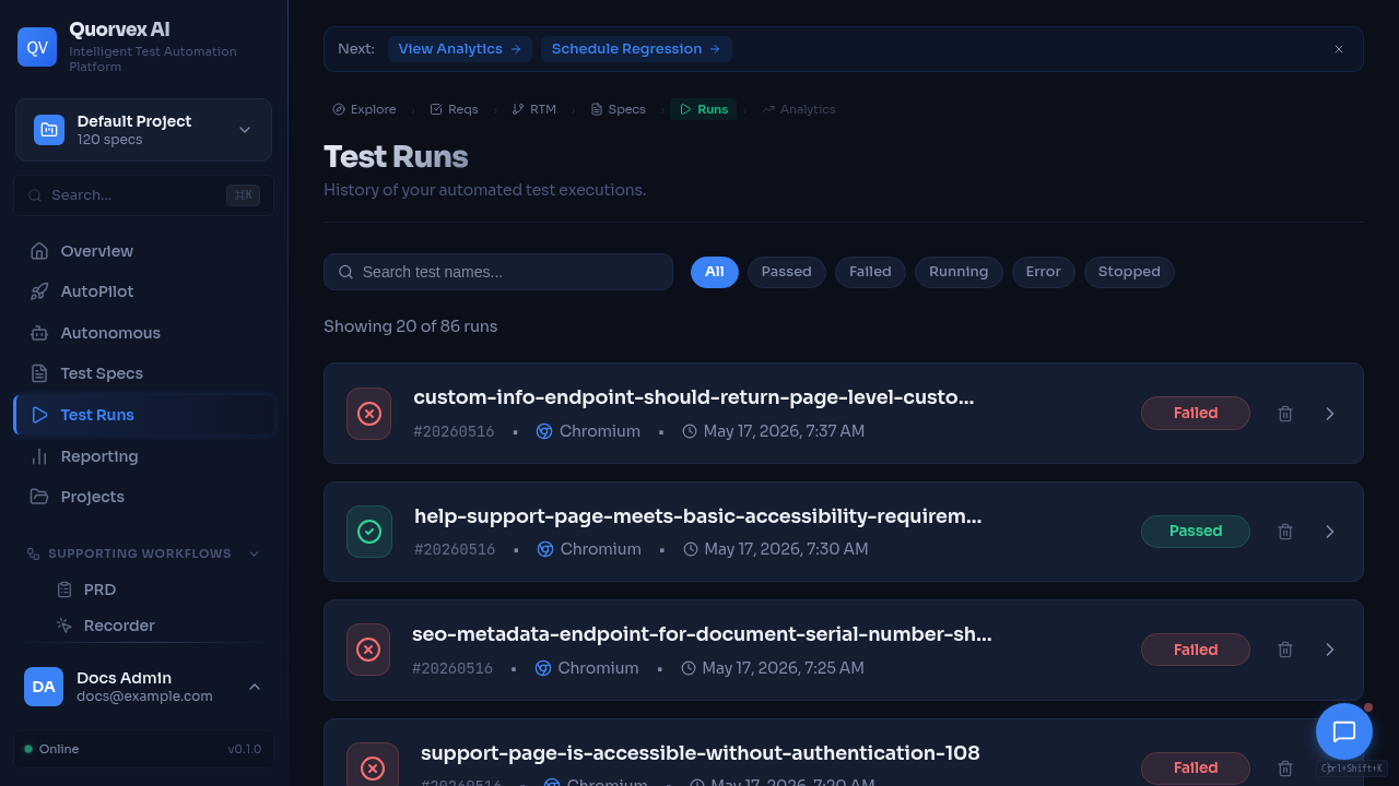 Test runs dashboard showing generated artifacts and execution history