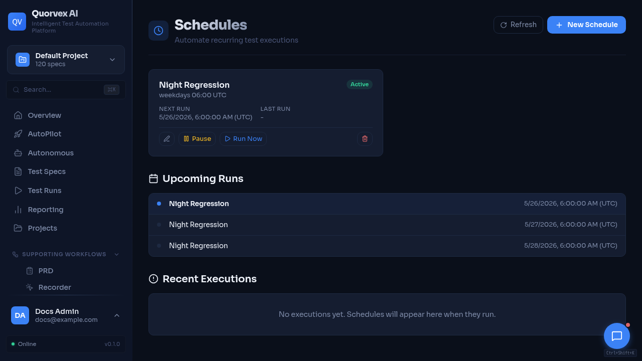 Schedules dashboard with recurring test runs and cron configuration