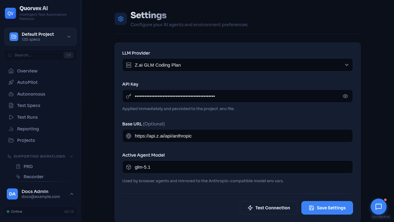 Settings dashboard showing platform configuration and mobile testing health context