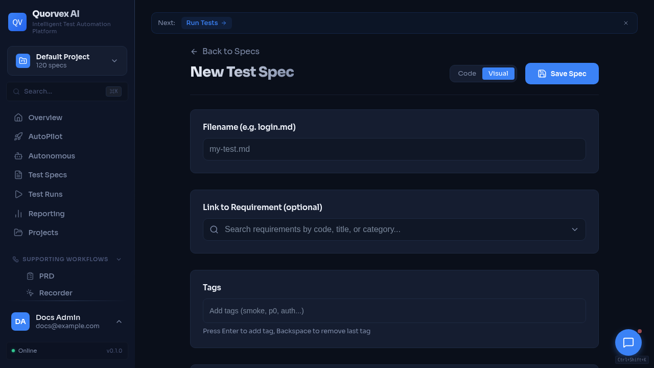 Spec editor dashboard for writing and reviewing maintained examples