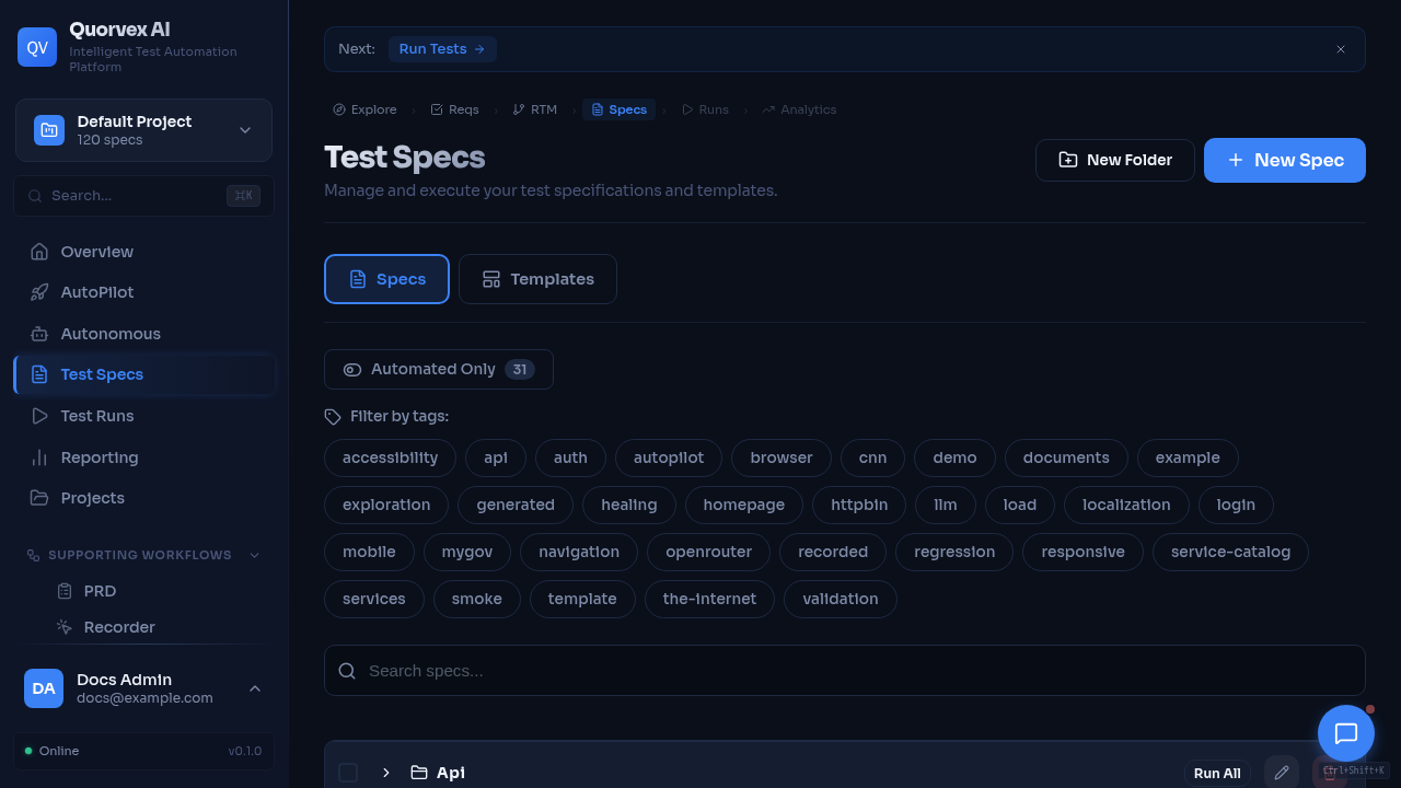 Test specifications dashboard with contributor-friendly feature areas