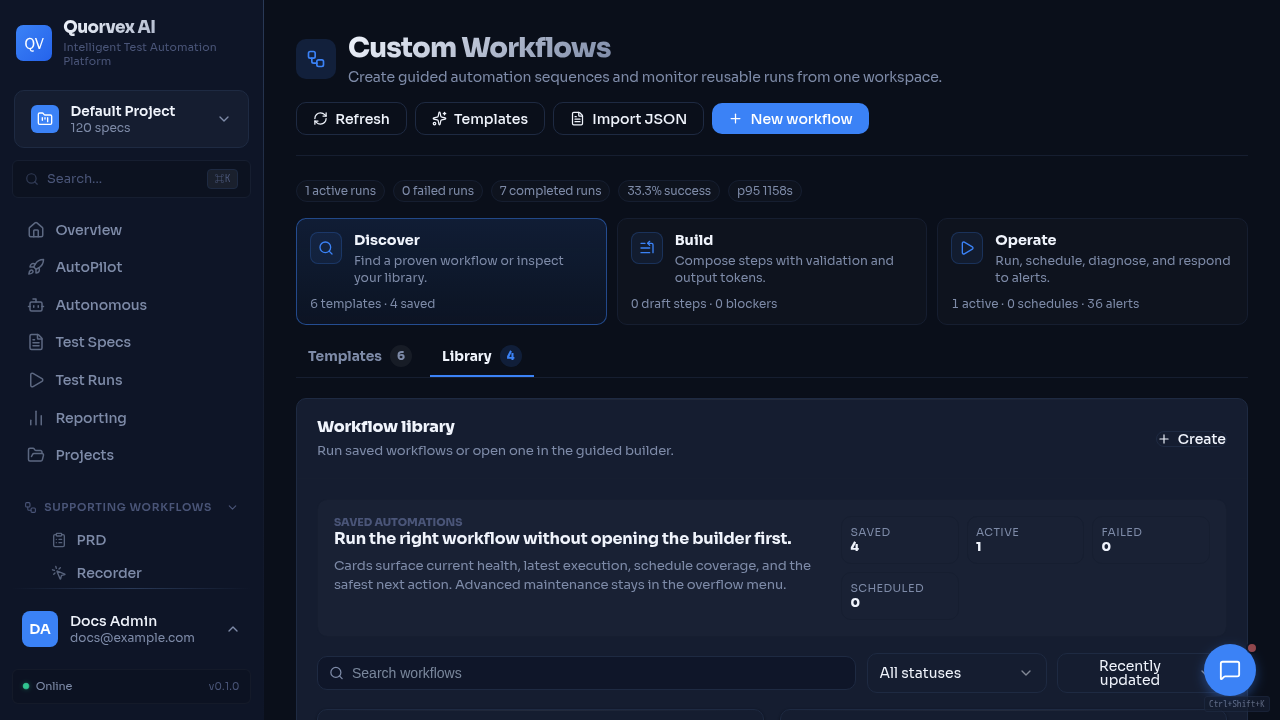 Workflow dashboard for task-oriented Quorvex operations